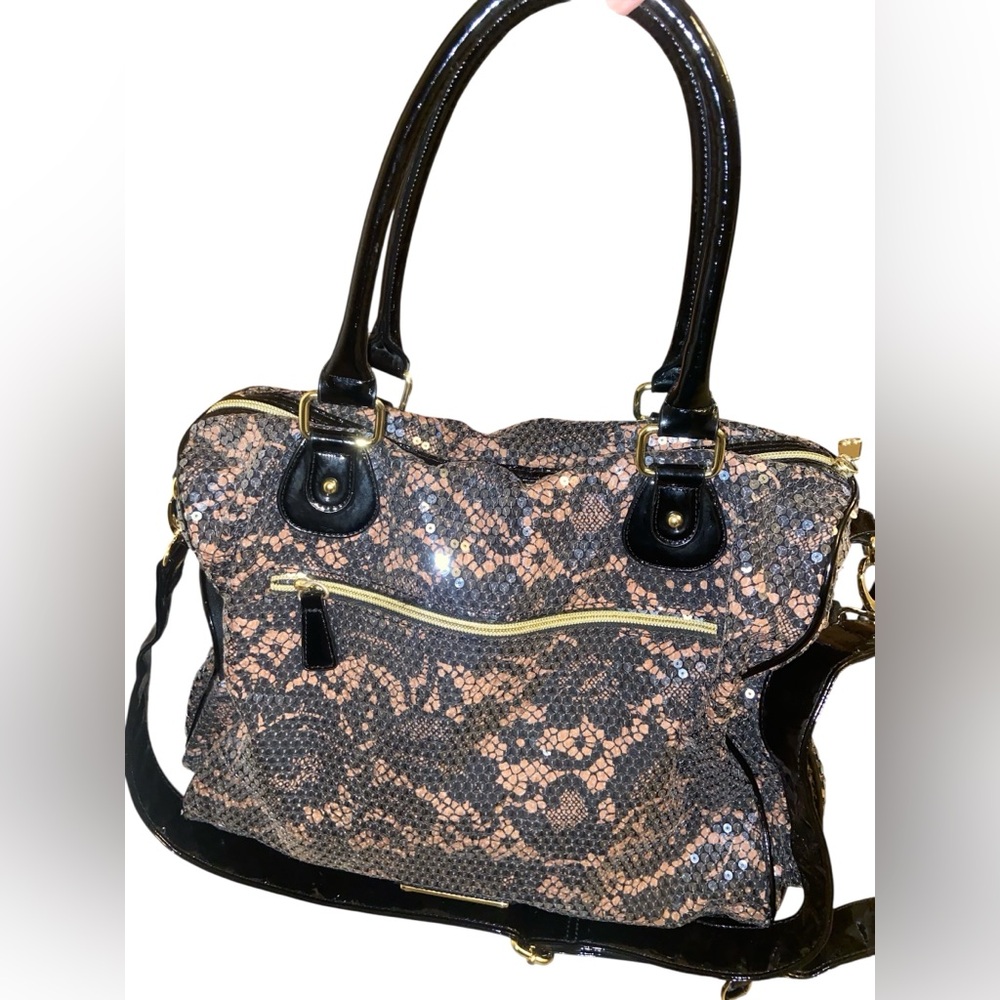 Betsey Johnson Black and gold sequined leopard print tote bag. - Picture 8 of 12